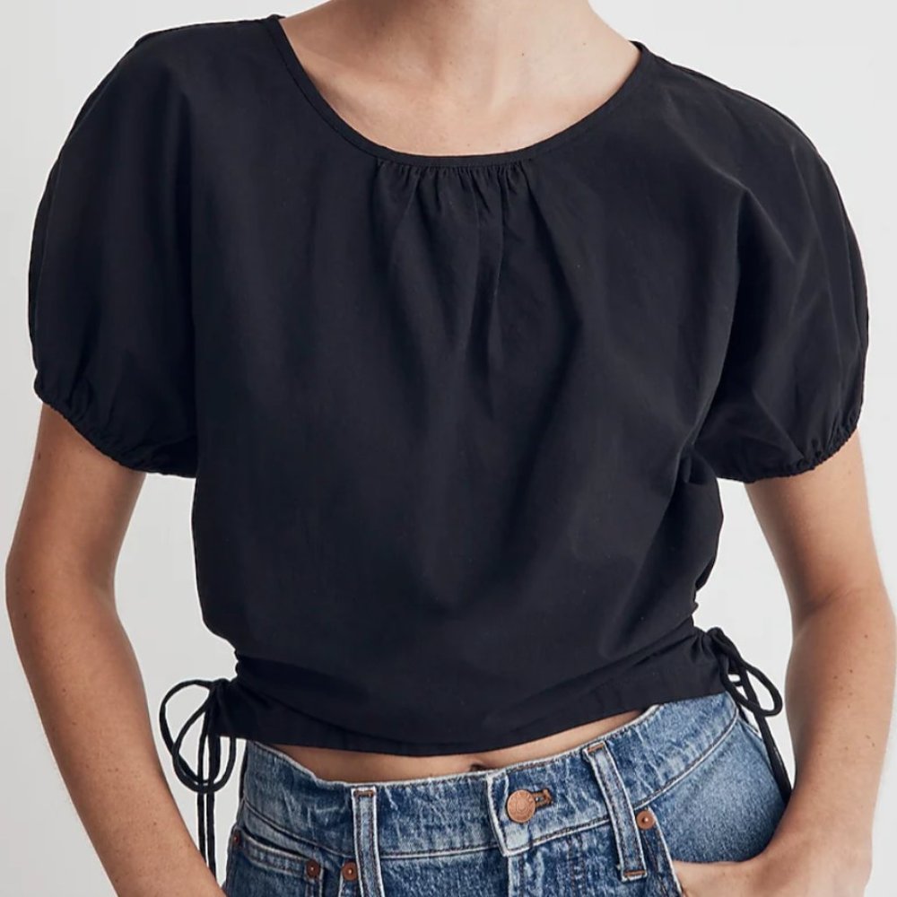 Madewell Poplin Puff-Sleeve Cutout Crop Top in Black (Size S)